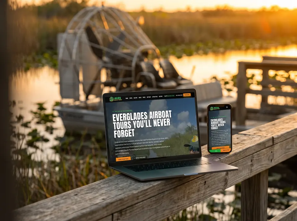 Aces Airboat Tours website on a laptop and phone