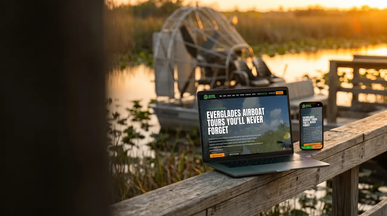 Aces Airboat Tours website on a laptop and phone, built by Unified Marketing