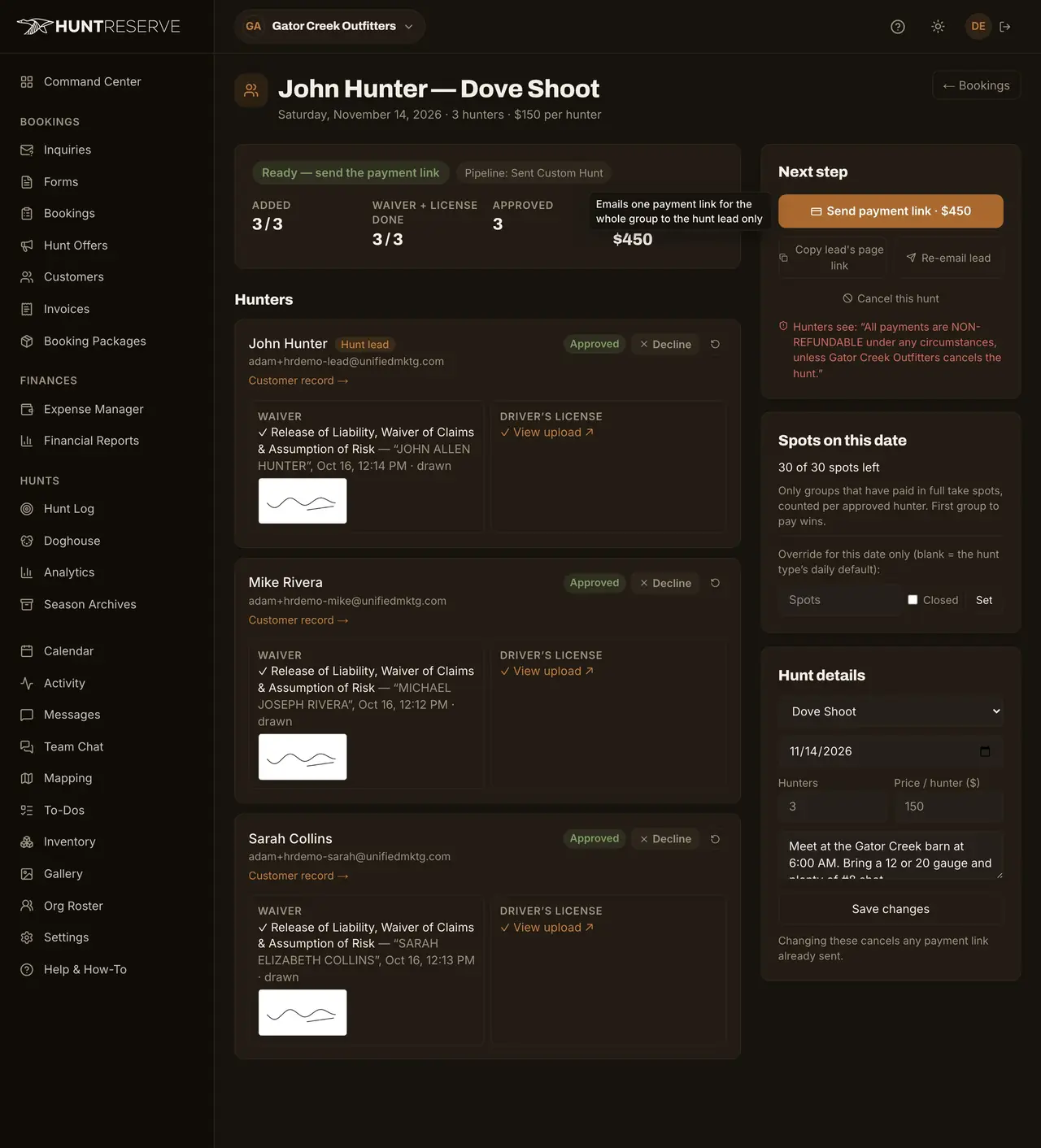 HuntReserve: approve screen