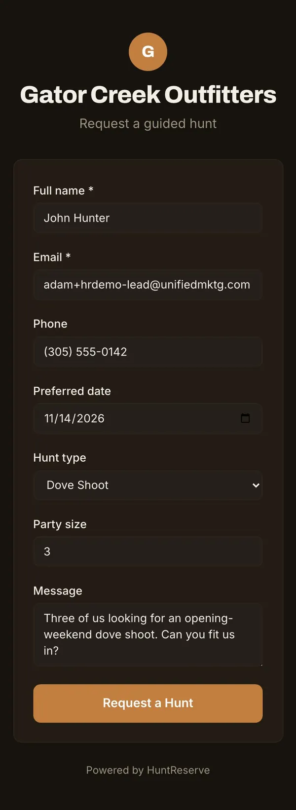 HuntReserve: inquiry screen