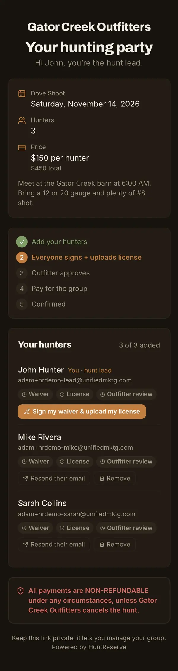 HuntReserve: lead screen