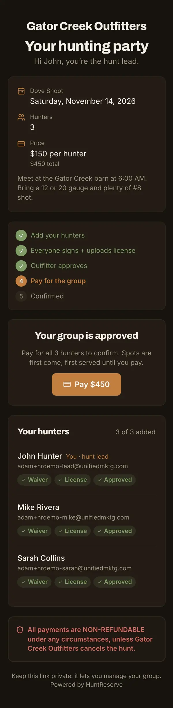 HuntReserve: pay1 screen