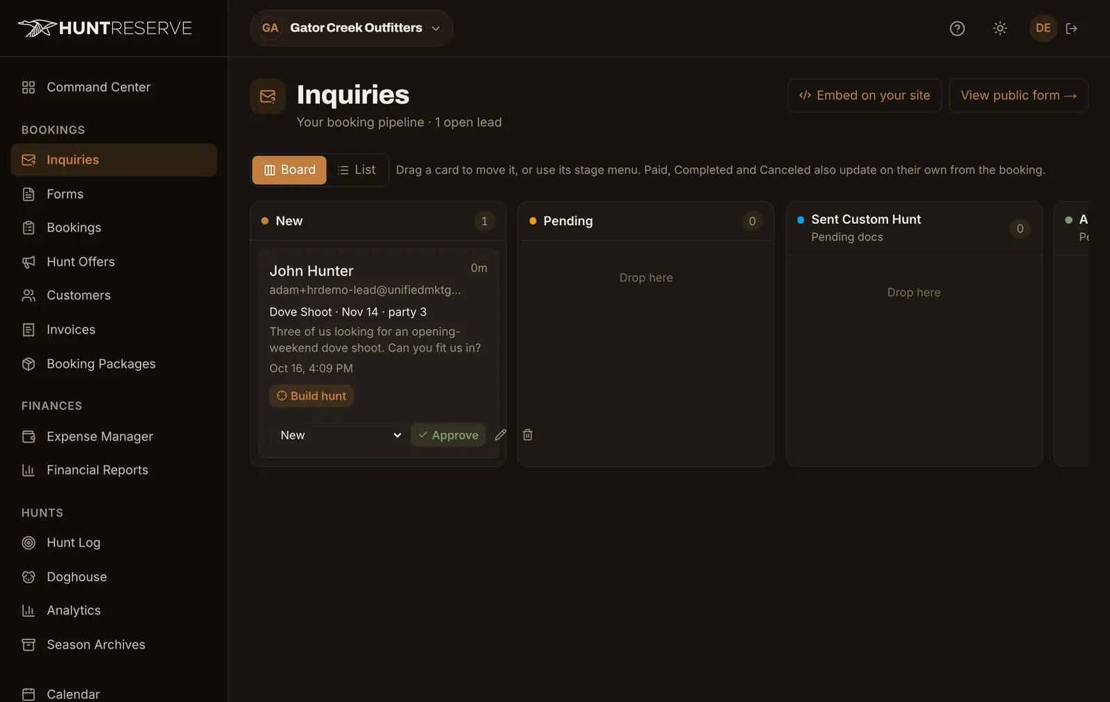 HuntReserve: pipeline screen