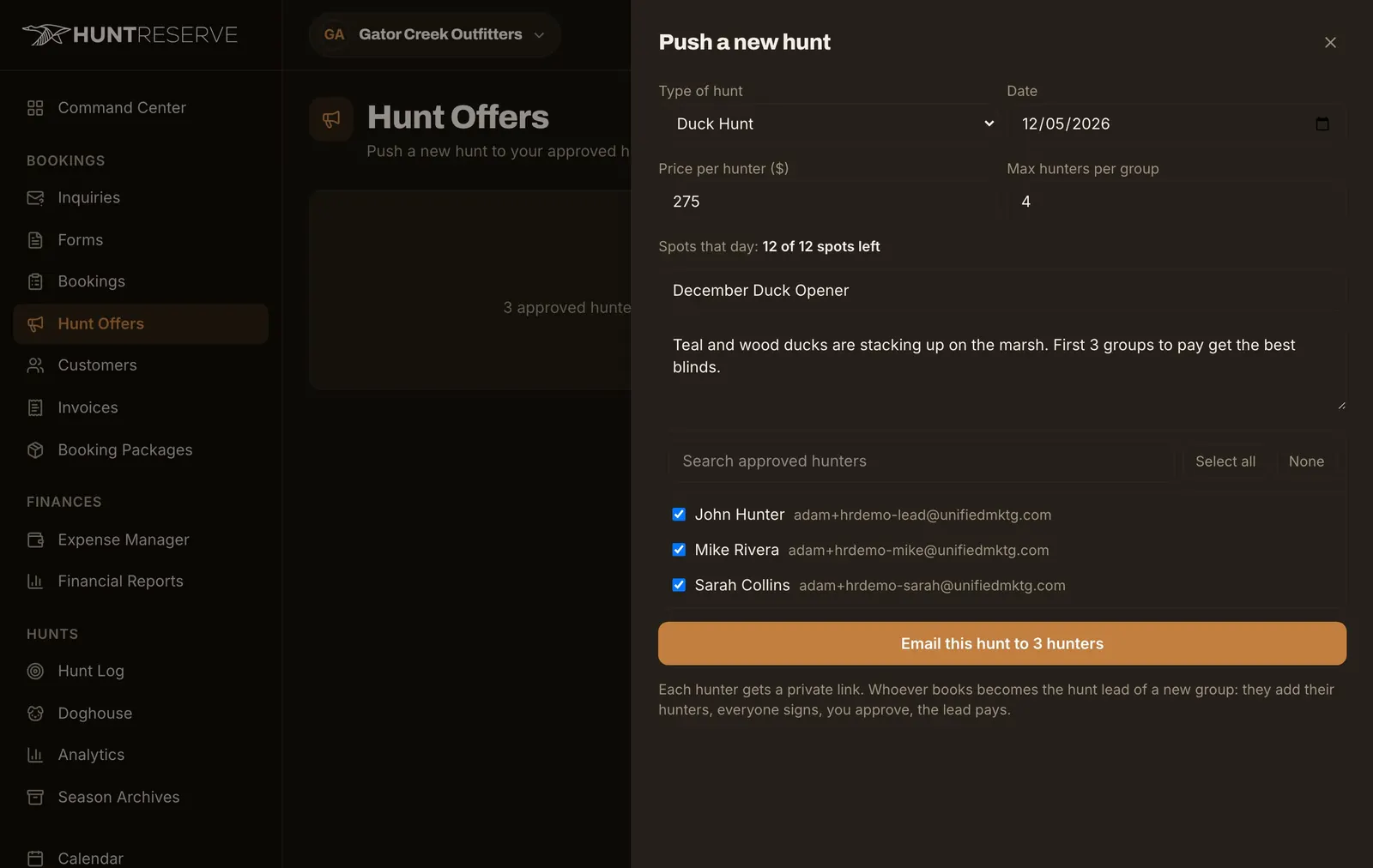 HuntReserve: push screen