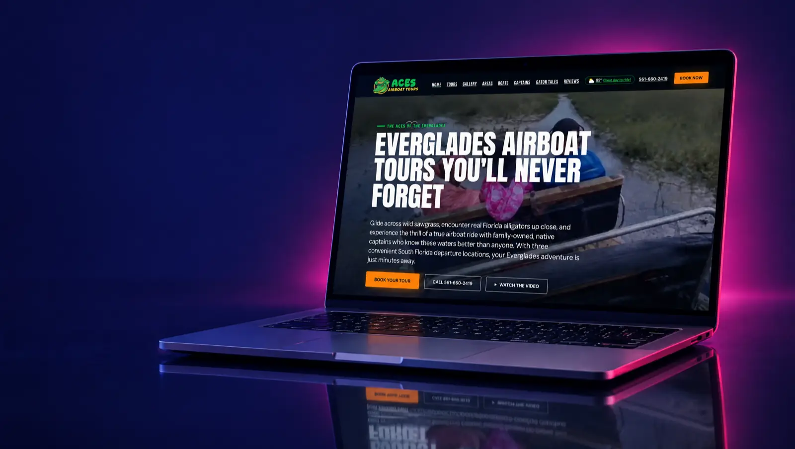 Aces Airboat Tours website, built by Unified Marketing