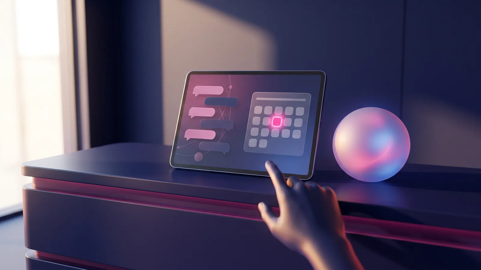 AI agents for small business shown as an assistant drafting a reply and booking an appointment on a front desk tablet
