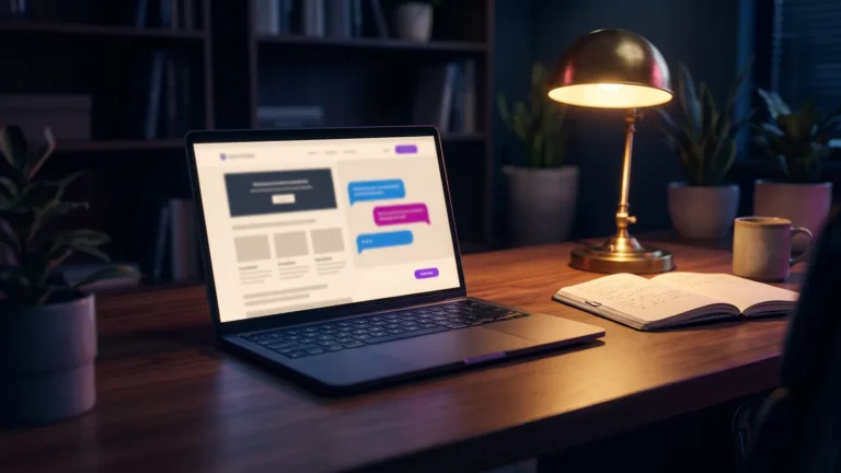 AI chatbot for website visitors: laptop showing a chat window open on a small business site at night