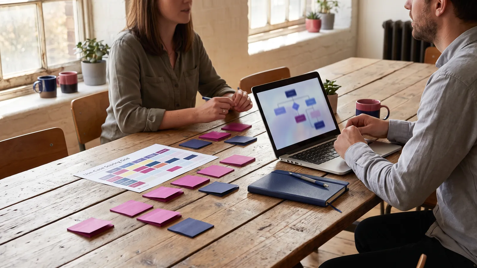 AI consulting services workshop with a use-case scoring grid and workflow map on a conference table
