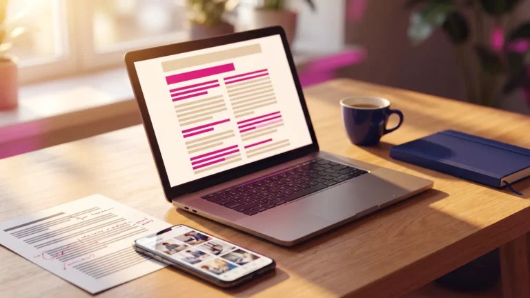 AI content creation workflow: laptop draft beside a hand-edited printout and real job photos