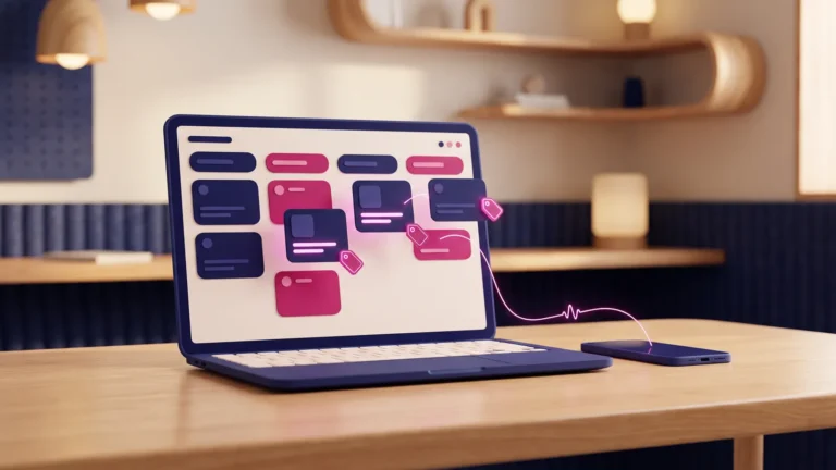 Laptop pipeline board with leads auto-tagged on arrival, illustrating how an AI CRM sorts and records leads