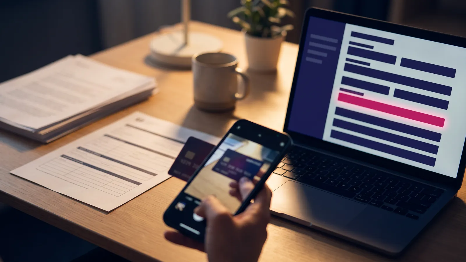 AI document processing for small business: invoices and an ID card being read into structured fields with one flagged for review