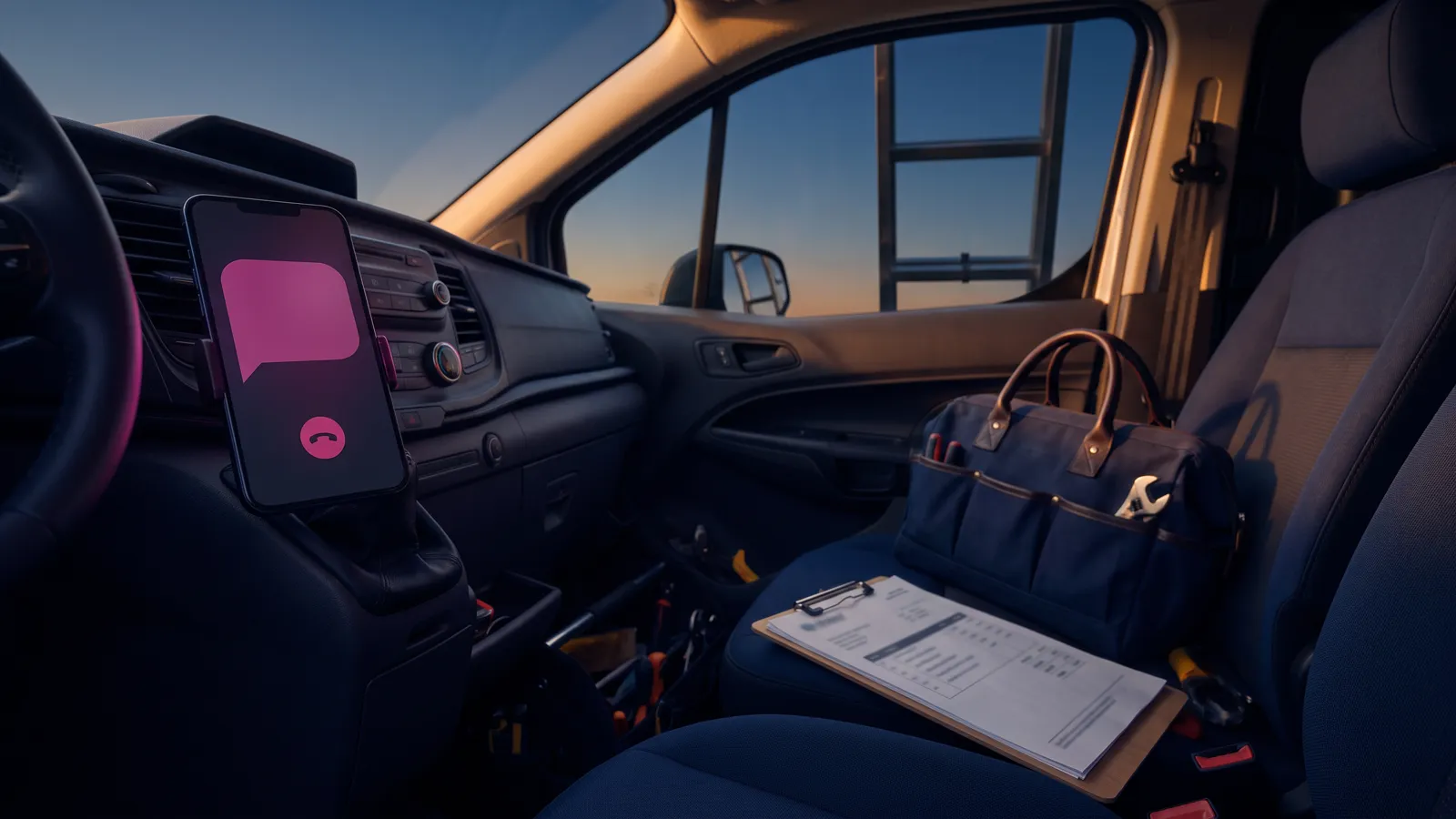 AI for contractors: an automatic text back to a missed call on a phone in a service van