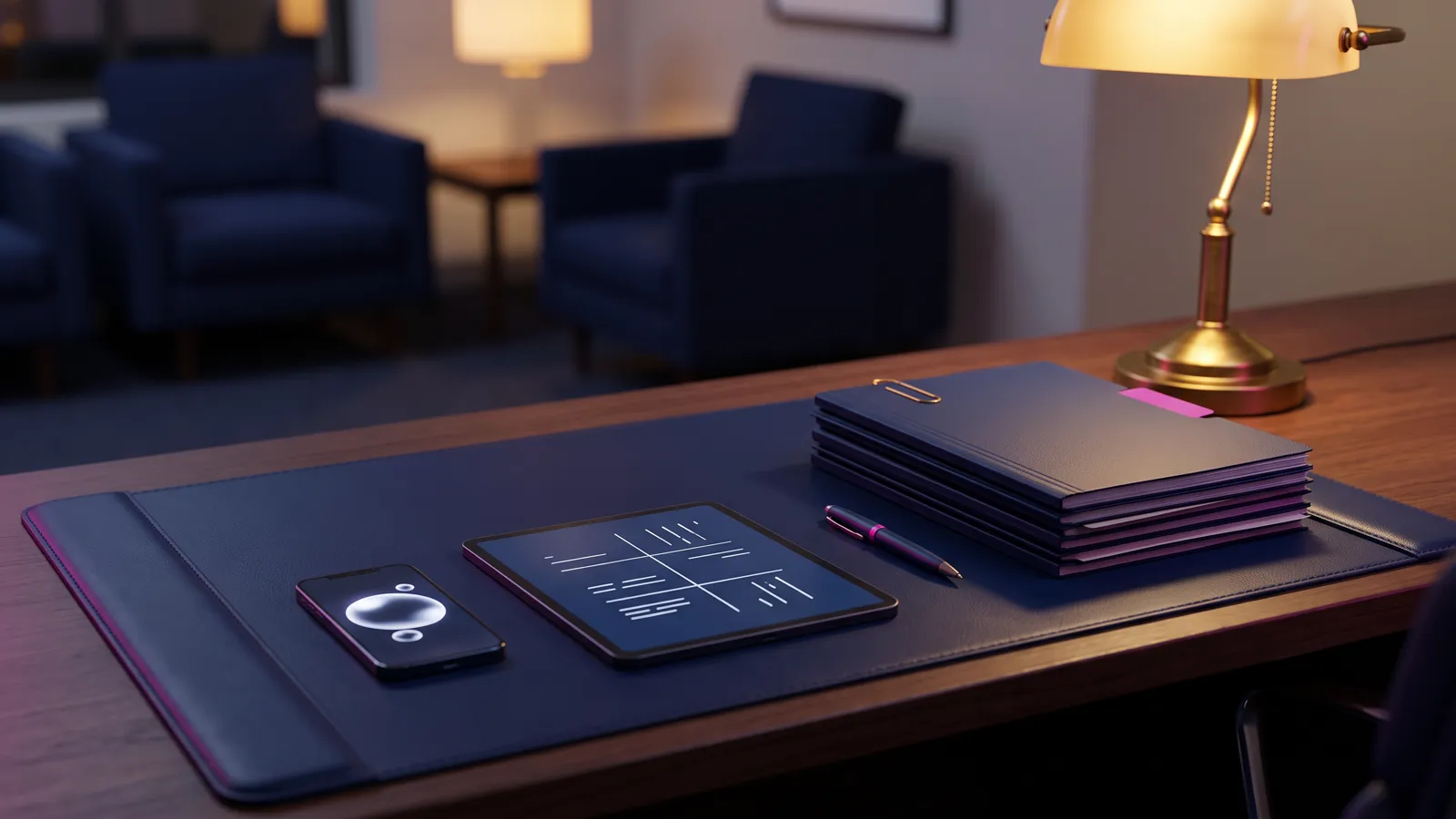 AI for law firms: an after-hours intake text and case files on a law office reception desk