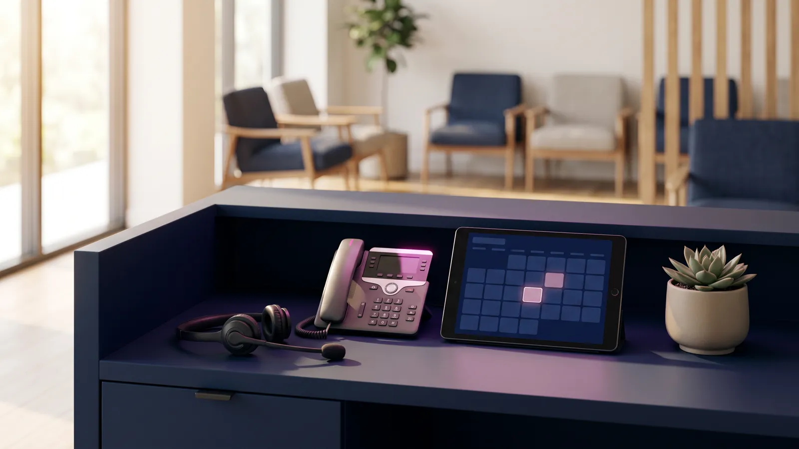 AI for medical practices: a clinic front desk with a headset, phone and tablet calendar showing a rebooked appointment