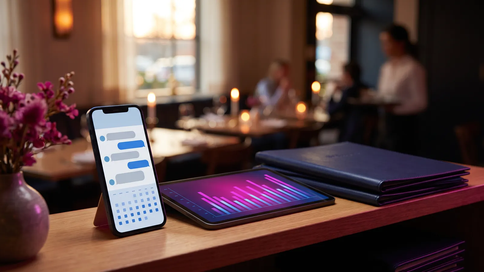 AI for restaurants: a host stand phone texting back a missed caller while a tablet shows forecast covers during the dinner rush
