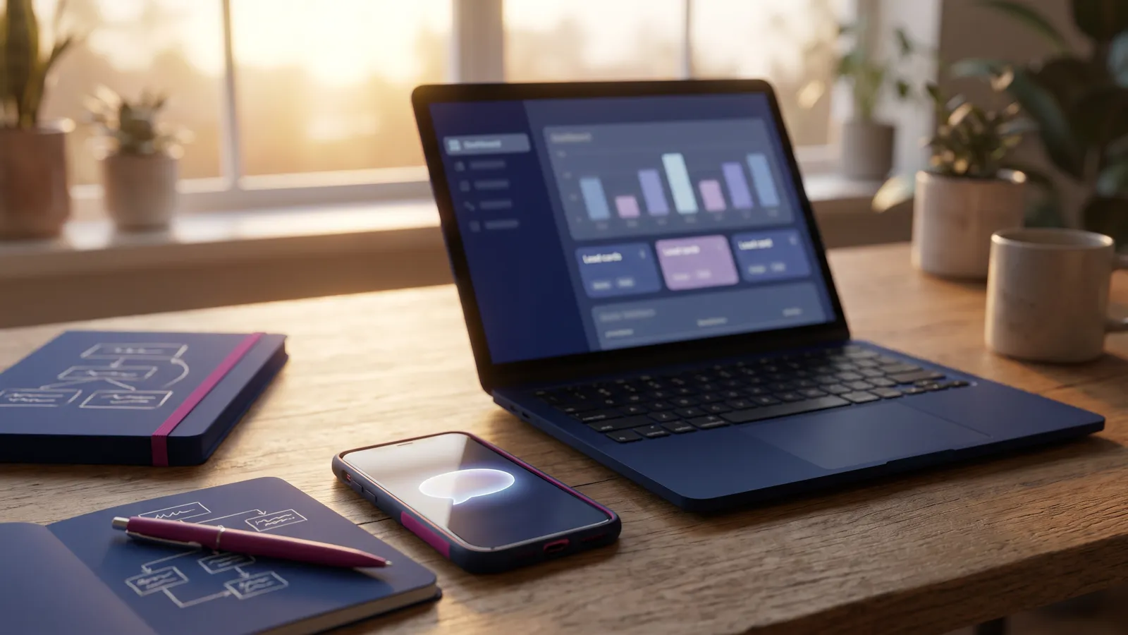 AI for small business: an owner's desk with a lead dashboard, a follow-up text and a 90-day plan