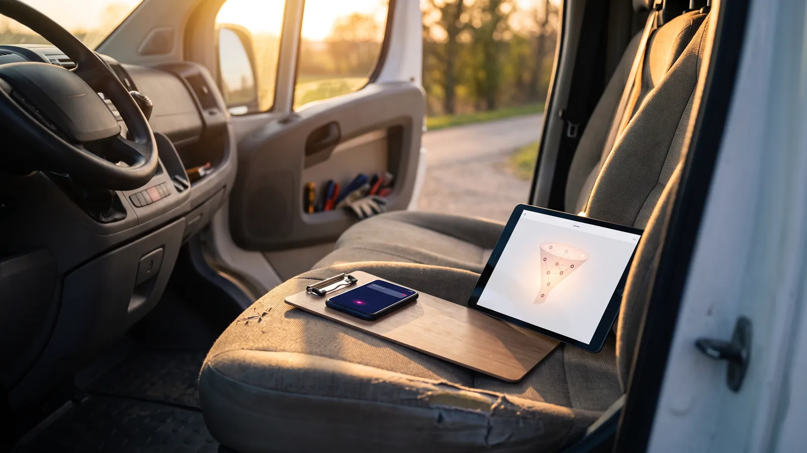 AI lead generation for a local service business: a new lead alert on a phone in a work van