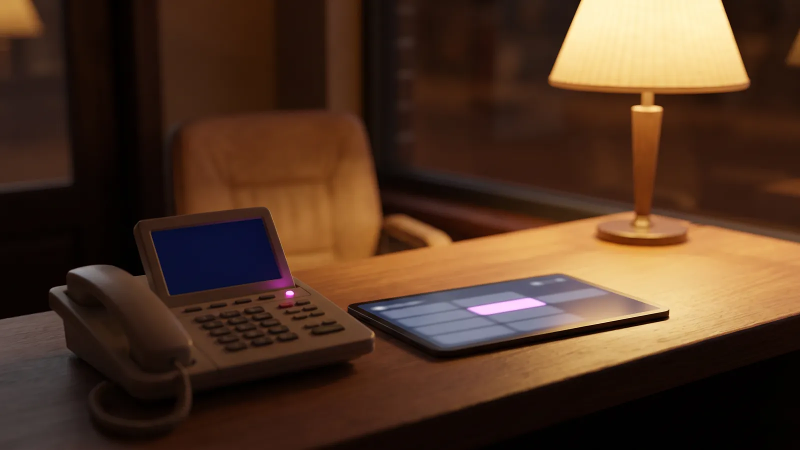 AI receptionist for small business: desk phone and tablet calendar showing an after-hours booking