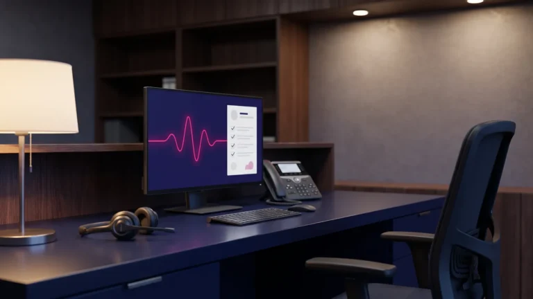 AI voice agent at a small business front desk: headset, phone and live call waveform on screen