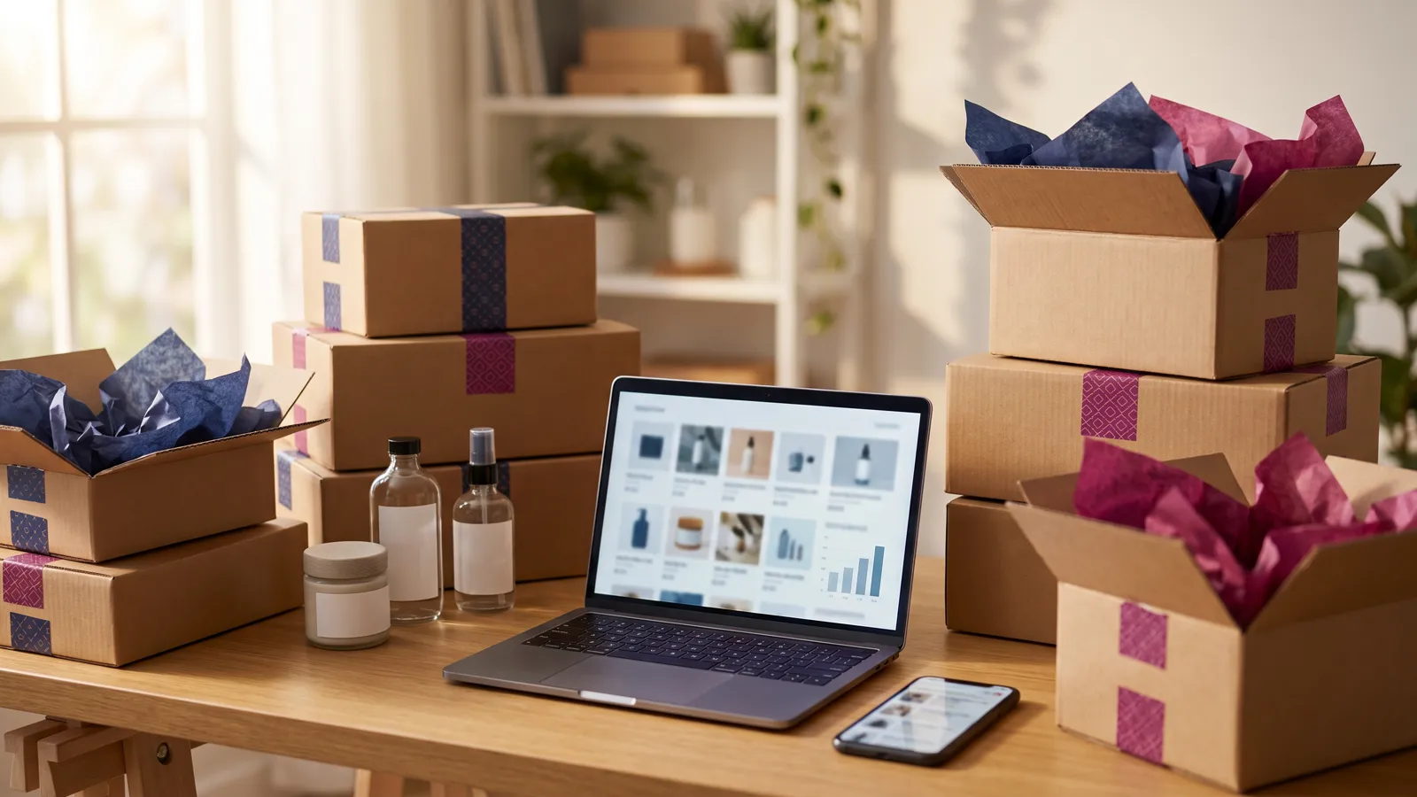 Amazon advertising agency workspace with packed product boxes, a laptop showing sponsored ads performance charts and a phone showing shopping results