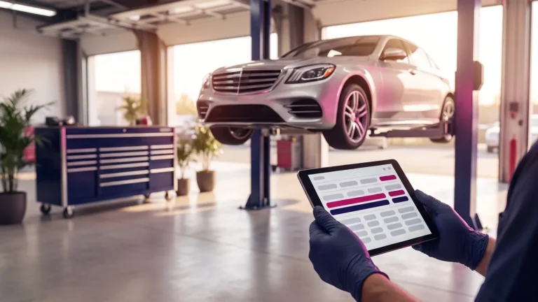 Auto repair shop marketing: technician with a tablet inspection checklist in a clean service bay