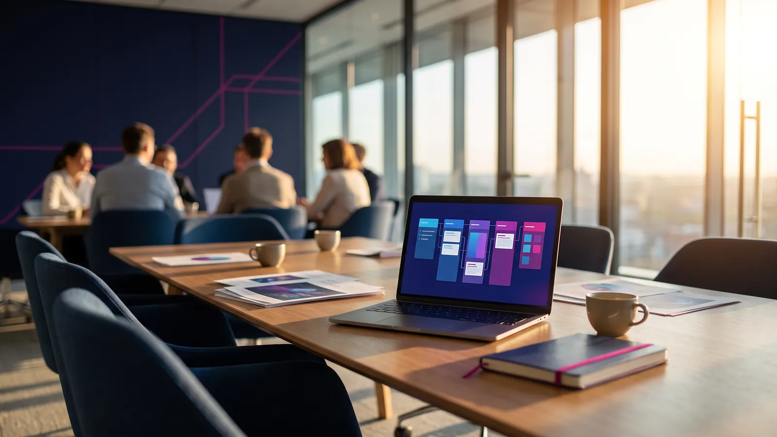 B2B marketing agency concept: a buying committee meeting around a laptop showing an abstract sales pipeline