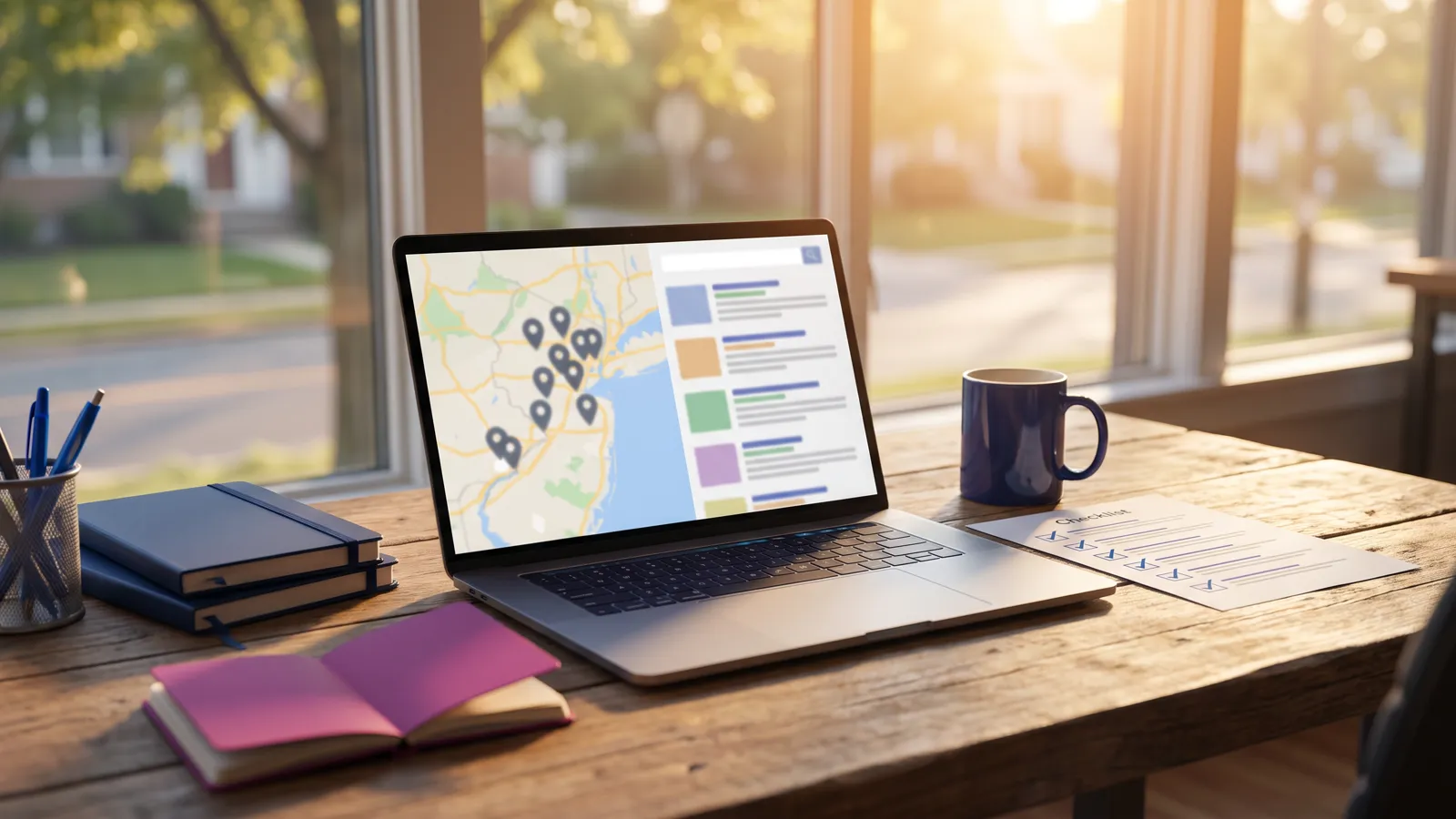 Comparing the best seo companies in new jersey on a laptop with a map of local search results