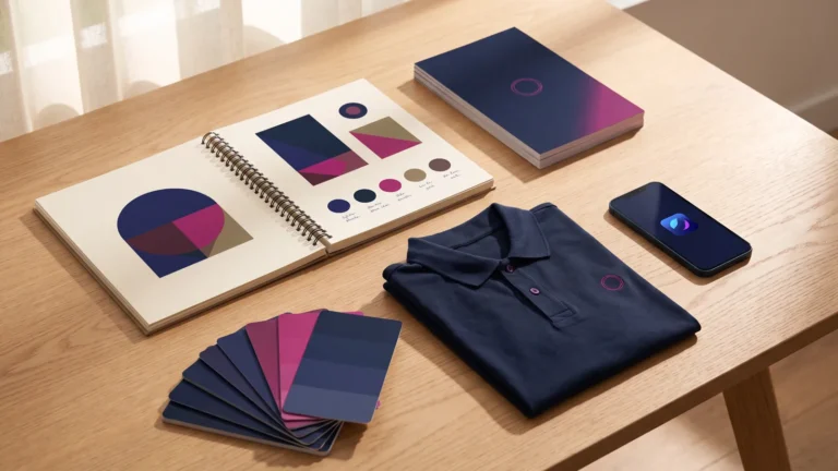 Brand guidelines booklet, color swatches and branded polo showing a brand identity design system