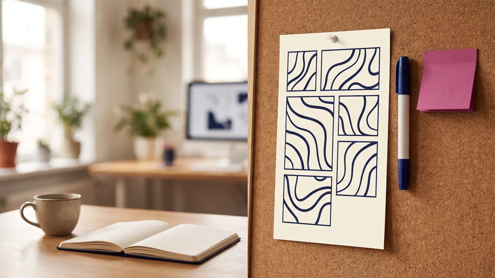 A one-page brand strategy plan pinned on an office wall with seven decision blocks