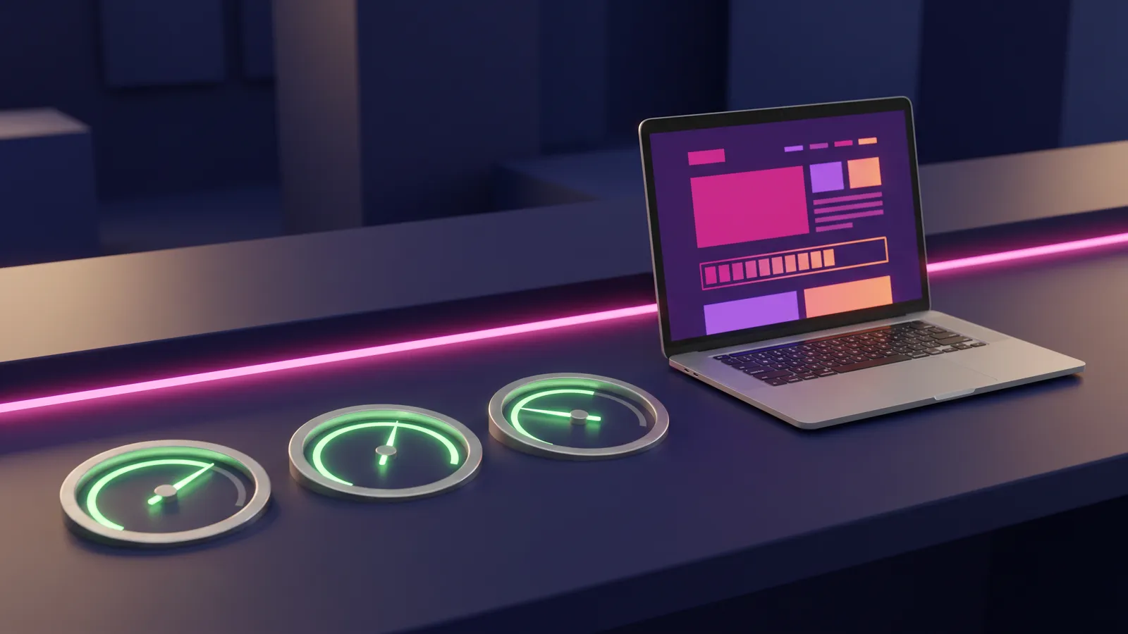 Core web vitals gauges for loading, responsiveness and visual stability beside a laptop showing a fast page