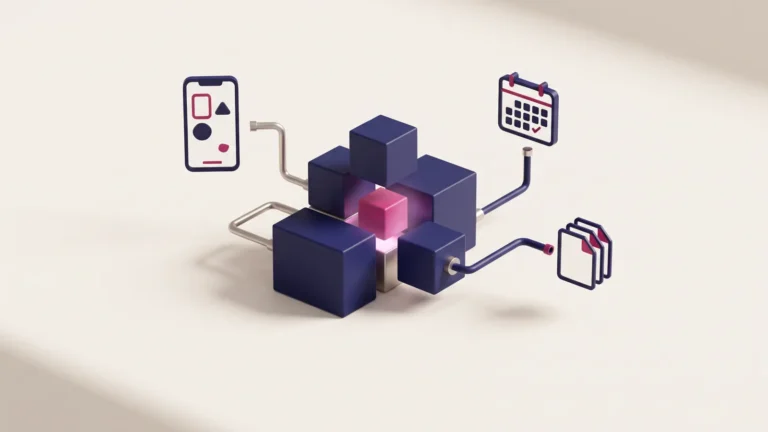 Custom AI solutions shown as modular blocks connecting a phone, calendar and documents, with the AI model as one small part