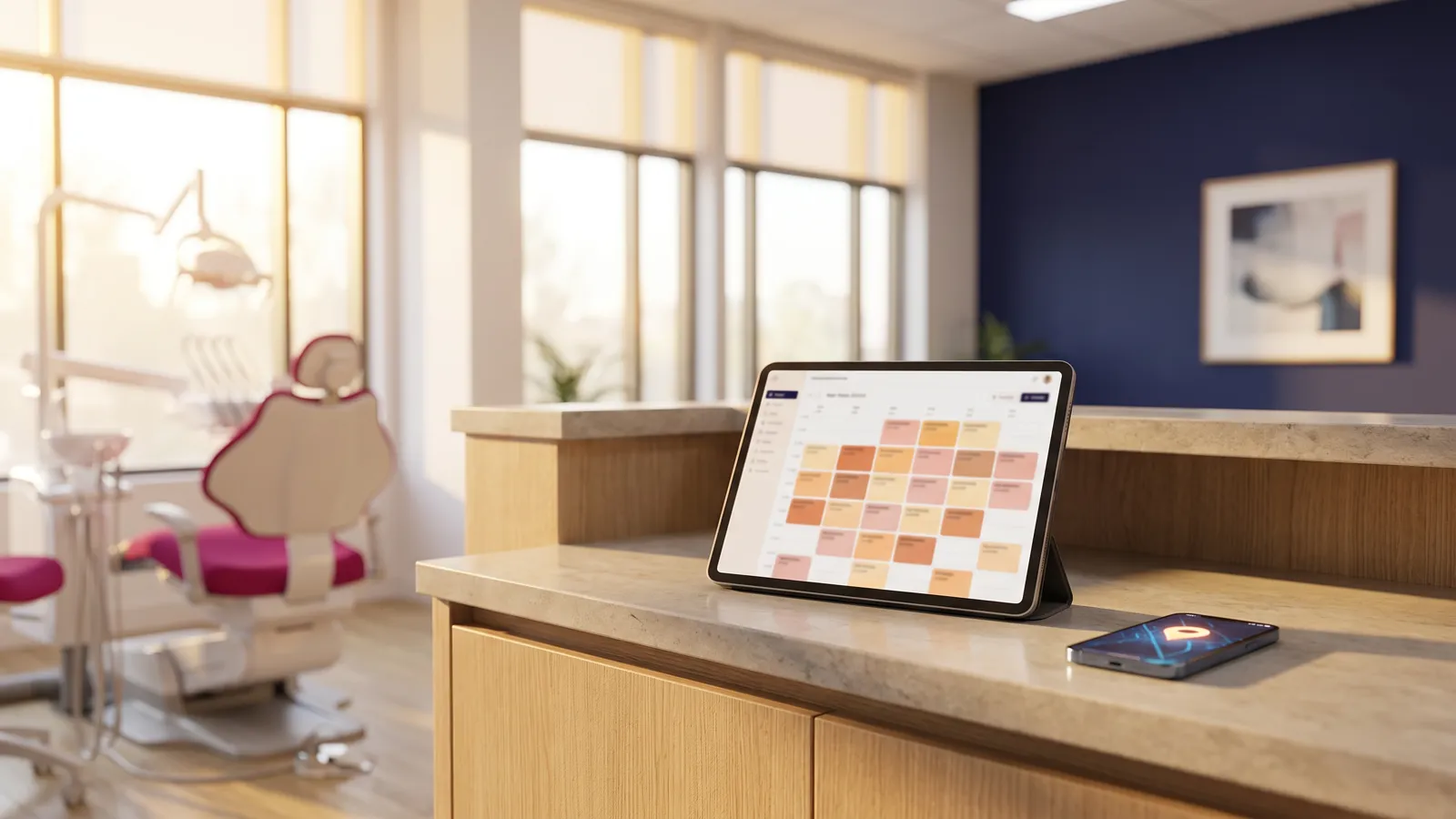 Dental marketing agency view of a dental front desk tablet with a full booking calendar and a phone showing a map pin