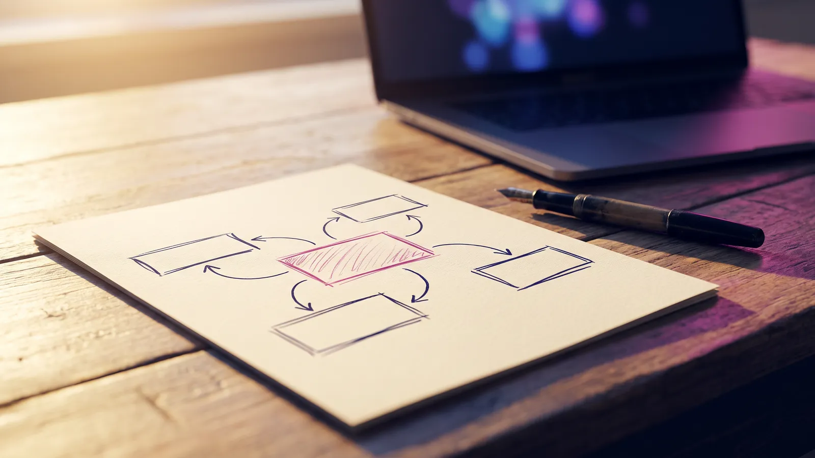 A one-page digital marketing strategy sketched as five connected decisions on a desk