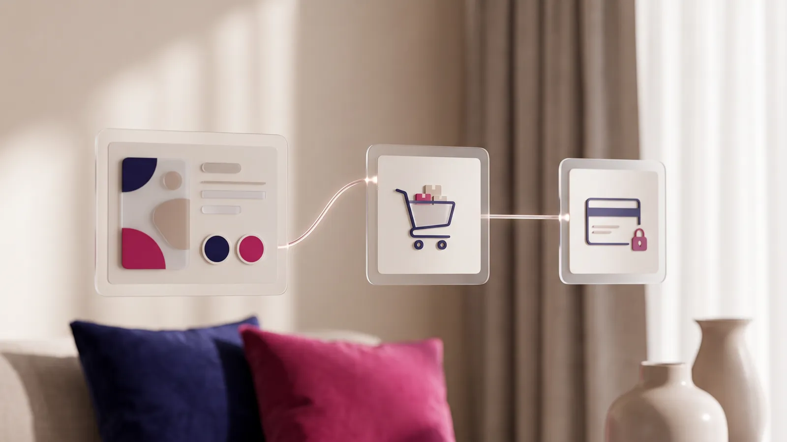Ecommerce website design journey from product page to cart to checkout shown as connected interface cards
