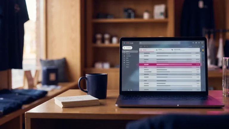 Email marketing for small business: laptop inbox with a highlighted customer email beside handwritten cards