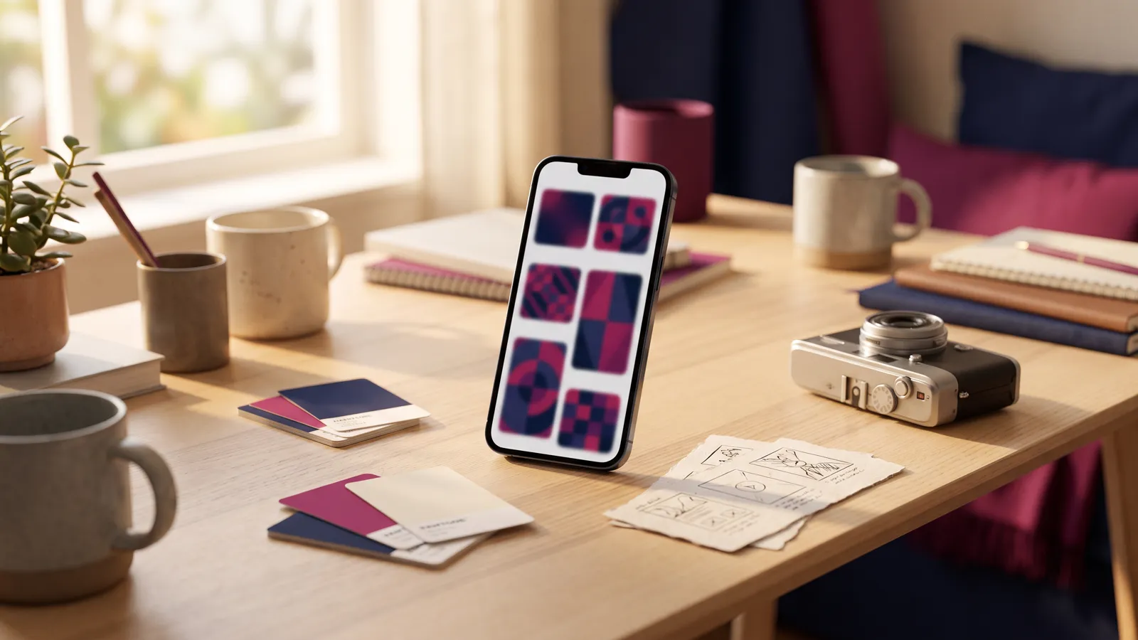 Facebook ads agency creative testing setup with ad concepts on a phone and storyboards