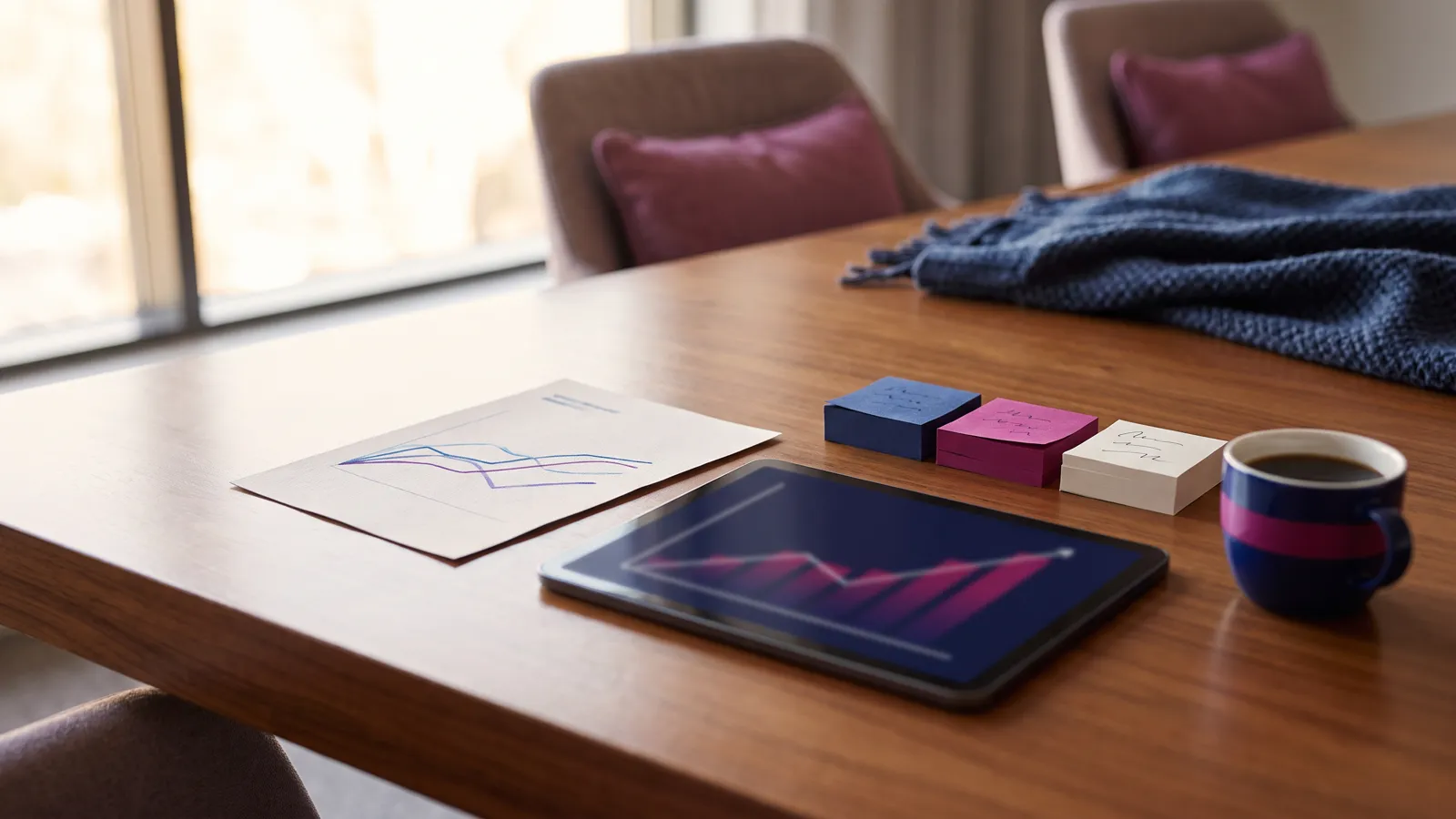 Fractional CMO strategy session with a one-page plan and growth chart on the table