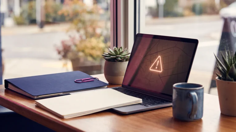 Google business profile suspended notice on a laptop beside an evidence folder of business documents