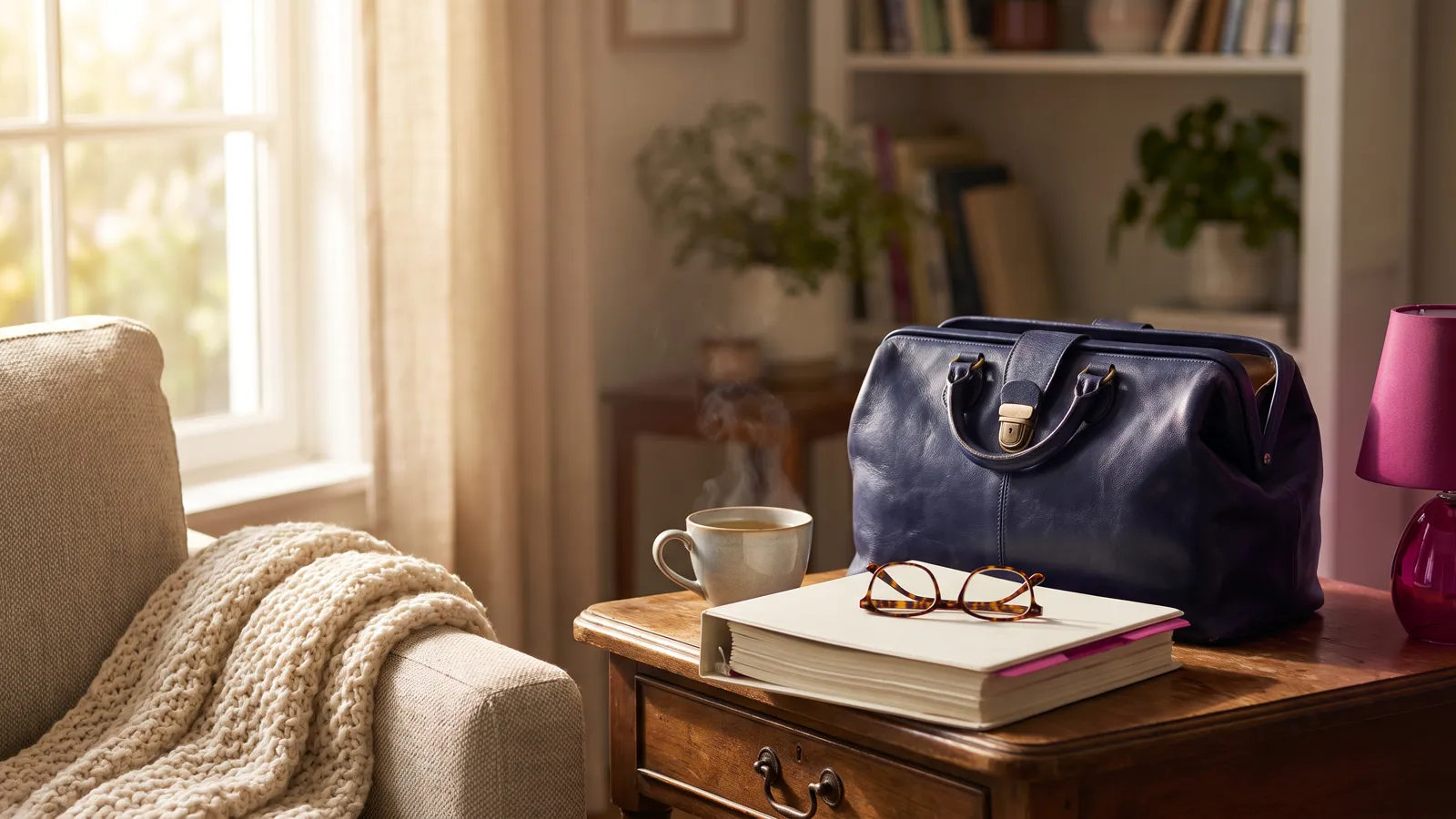 Home health care marketing: nurse's bag and care binder on a side table in a sunlit living room