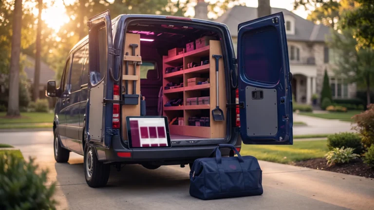 Home services marketing: service van with a tablet schedule showing open crew slots