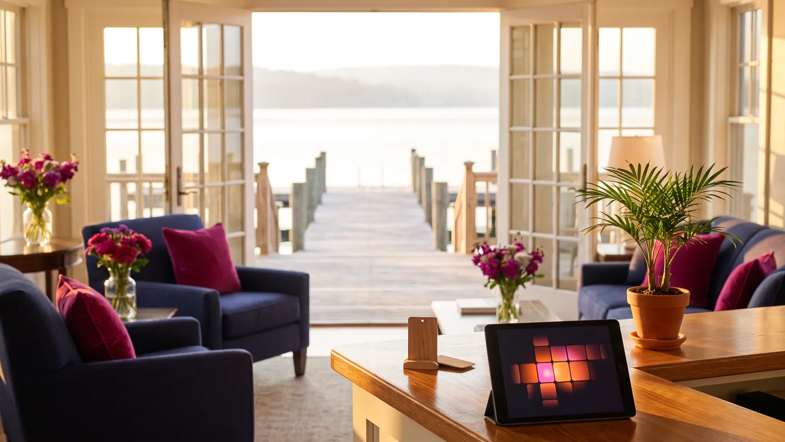 Hospitality marketing agency concept: a tablet booking calendar on a waterfront hotel reception counter at golden hour