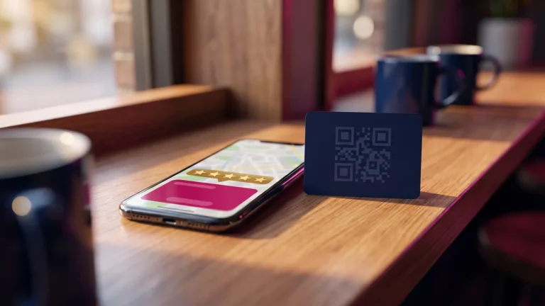 How to get more Google reviews: phone showing a review prompt beside a QR code card on a cafe counter