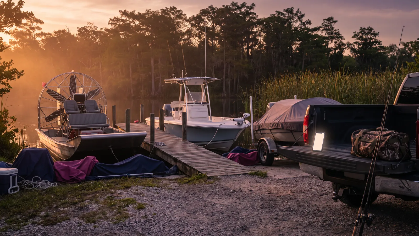 Outdoor industry marketing agency work for airboat tours, fishing charters and hunting outfitters: a boat ramp at golden hour