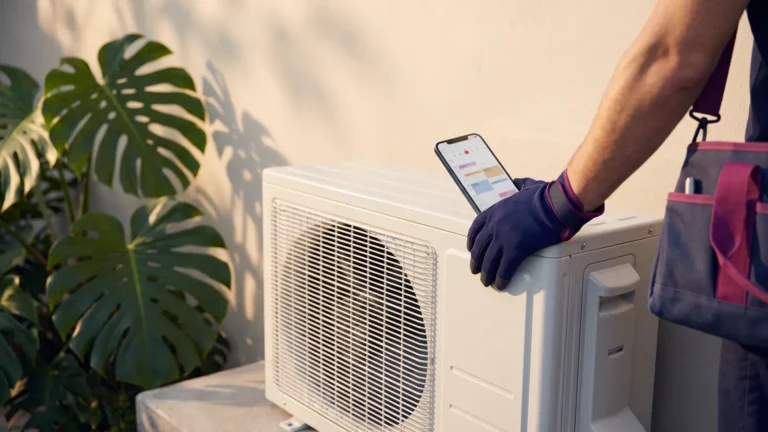 Technician beside a new AC unit with a phone of booked jobs, illustrating hvac marketing