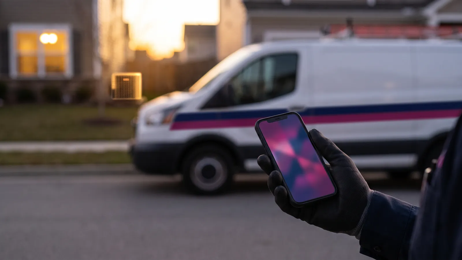 HVAC marketing agency concept: service van beside a home condenser with a phone showing a new booked job