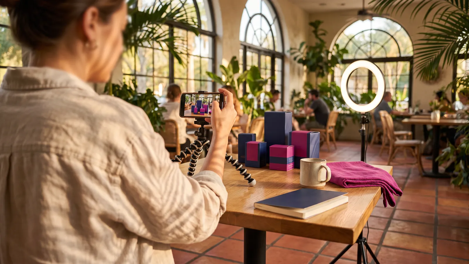 Influencer marketing agency content shoot with a creator filming a product on a phone in a South Florida cafe