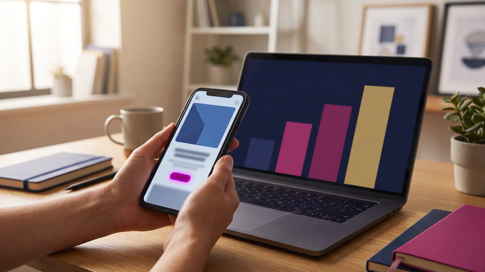 Landing page design on a phone showing one headline and one action button beside a campaign report