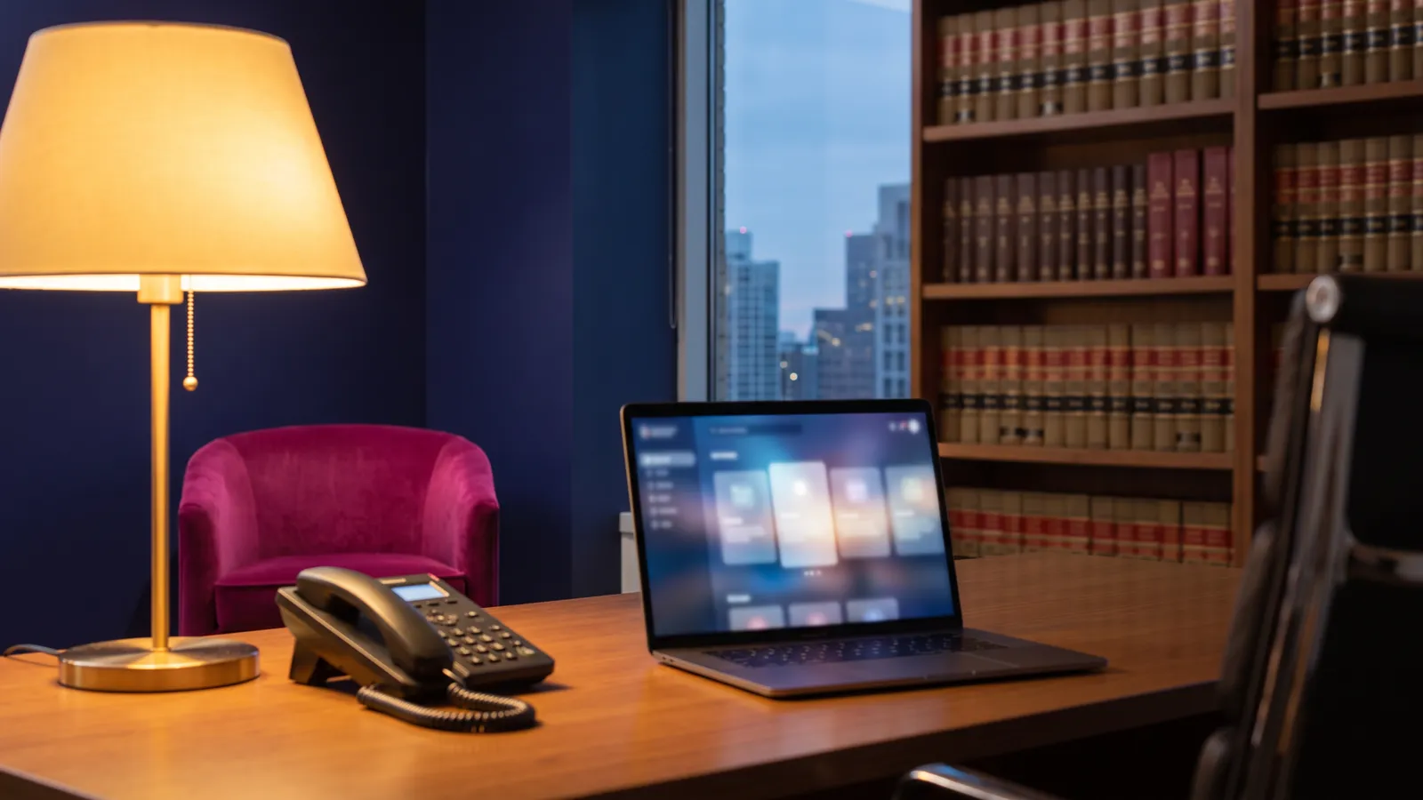 Law firm marketing agency view of an intake desk with a laptop showing new consultations in a case pipeline
