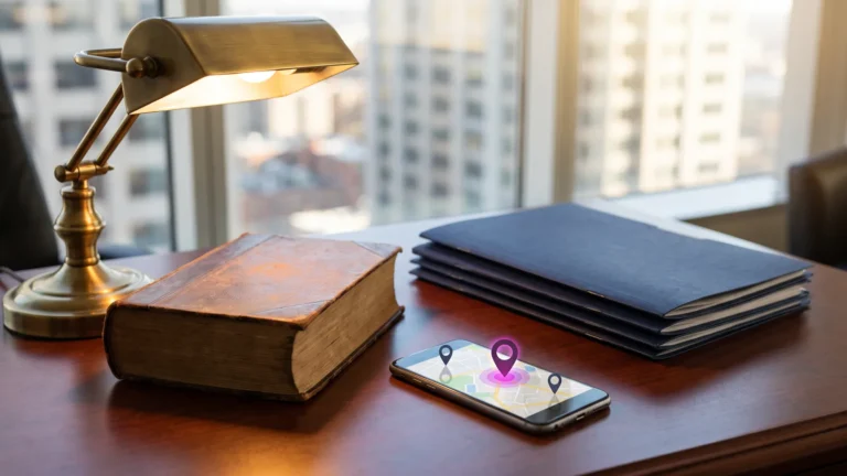 Law firm SEO: a phone showing a local map listing on an attorney's desk beside legal books