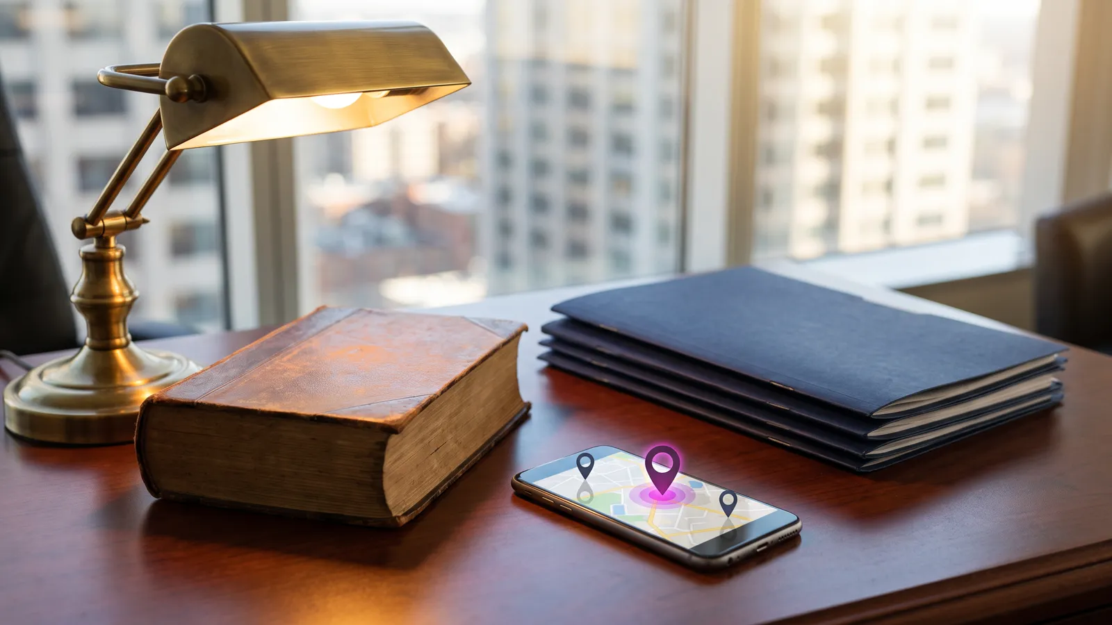 Law firm SEO: a phone showing a local map listing on an attorney's desk beside legal books